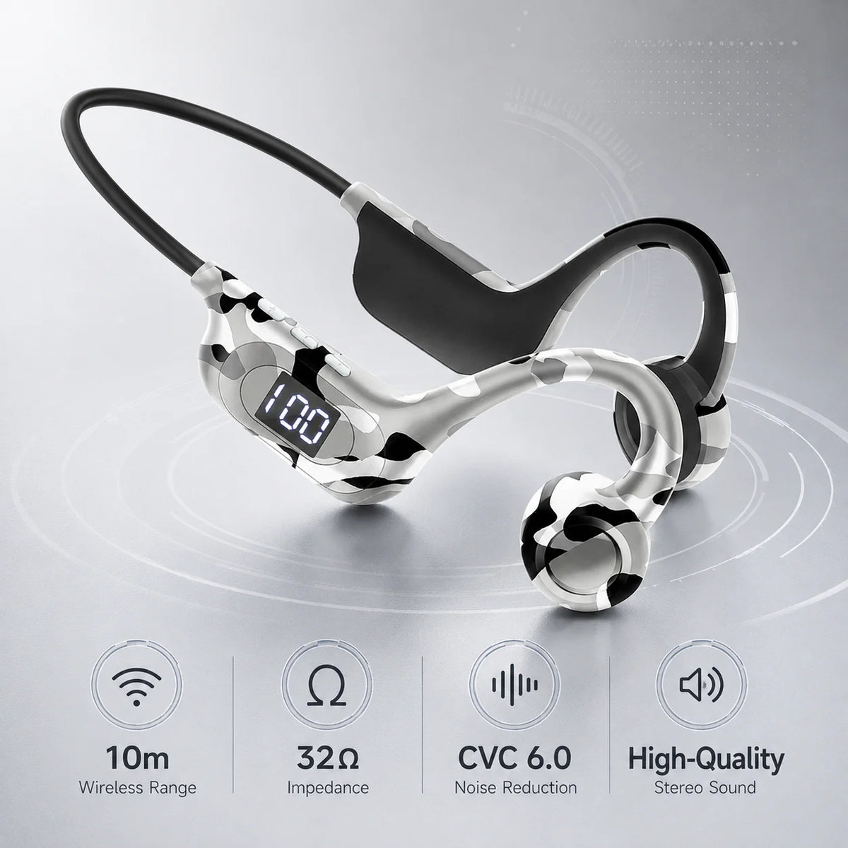 Bone Conduction Headphones Bluetooth Earphones Open Ear Sports Wireless Headset with LED Display TF Card Support Battery Life