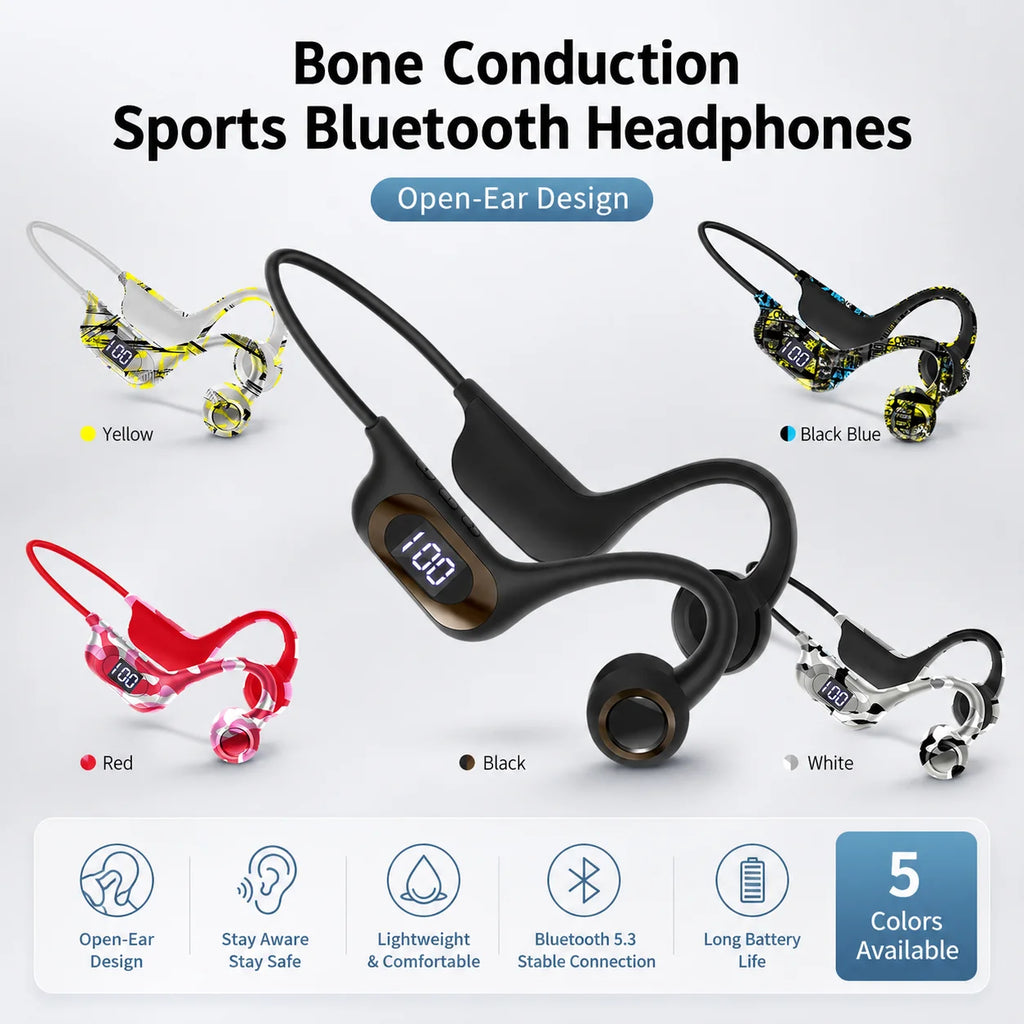 Bone Conduction Headphones Bluetooth Earphones Open Ear Sports Wireless Headset with LED Display TF Card Support Battery Life