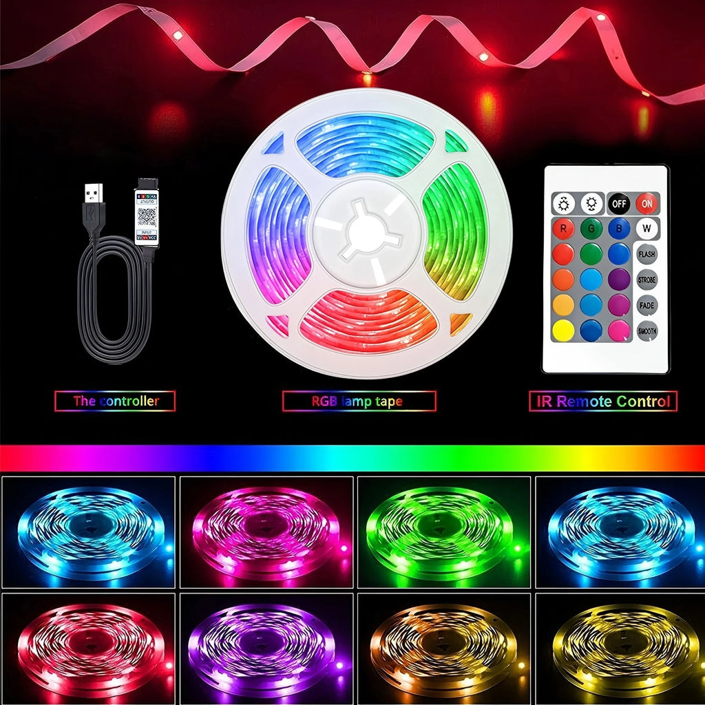 RGB LED strip with 24-key remote control, 5V USB powered. Easy to install, suitable for interior decoration and holiday parties.