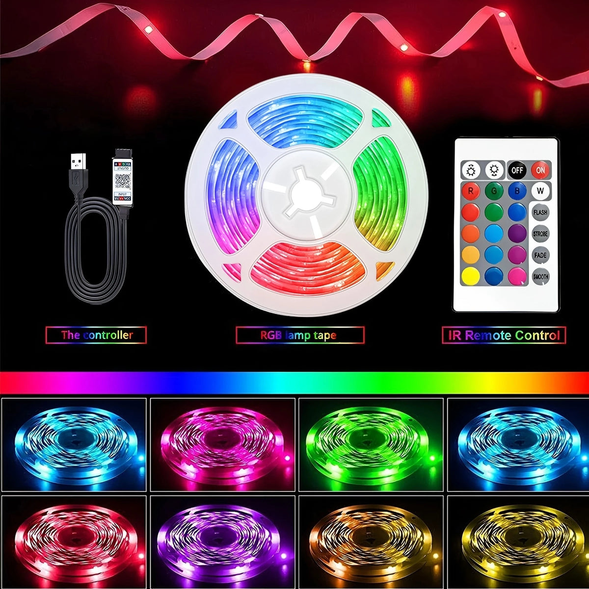 RGB LED strip with 24-key remote control, 5V USB powered. Easy to install, suitable for interior decoration and holiday parties.