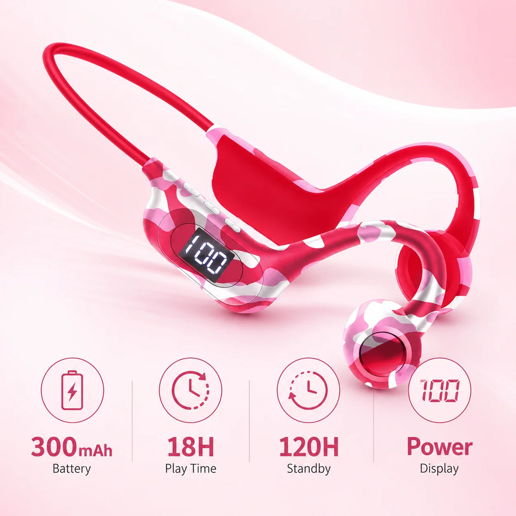 Bone Conduction Headphones Bluetooth Earphones Open Ear Sports Wireless Headset with LED Display TF Card Support Battery Life