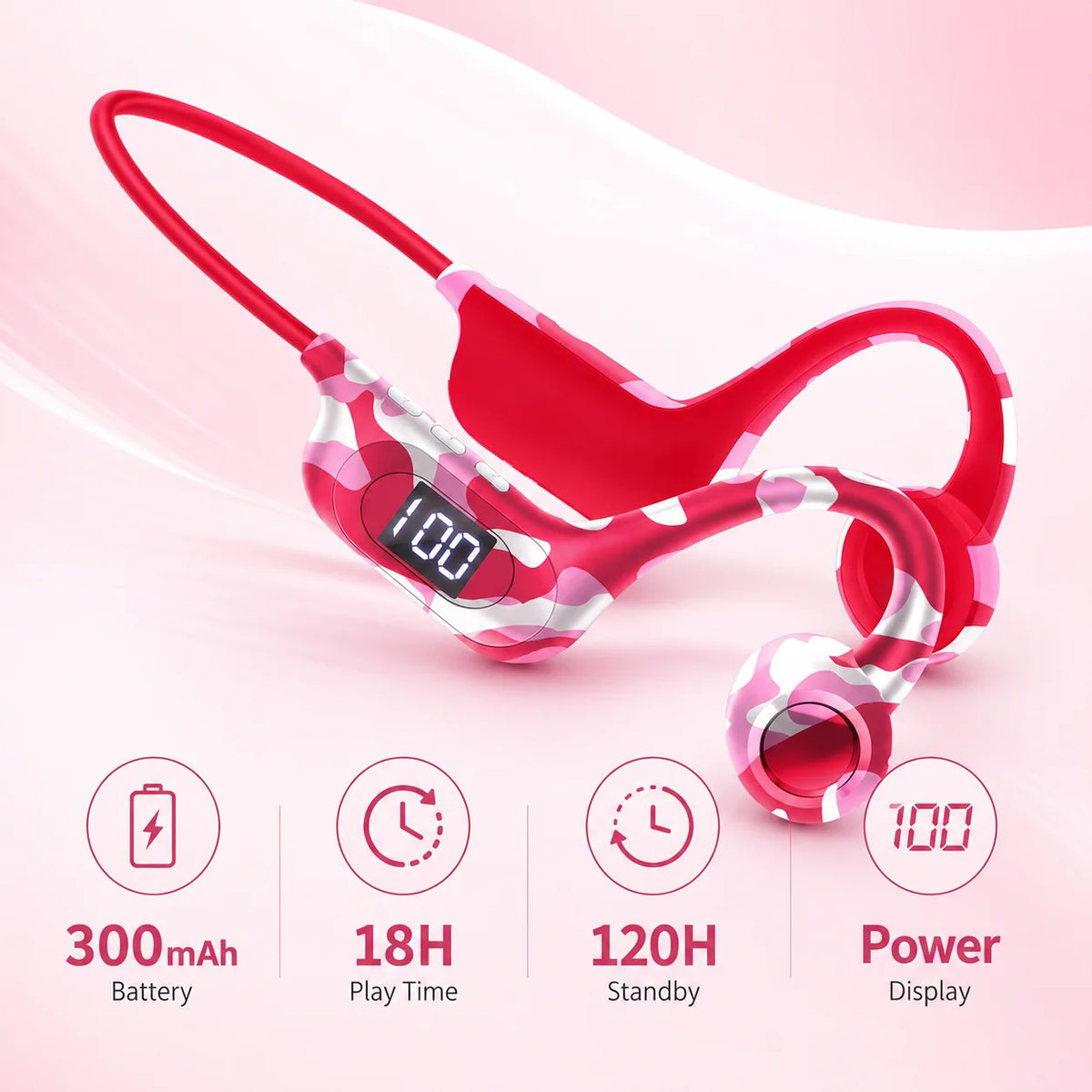 Bone Conduction Headphones Bluetooth Earphones Open Ear Sports Wireless Headset with LED Display TF Card Support Battery Life