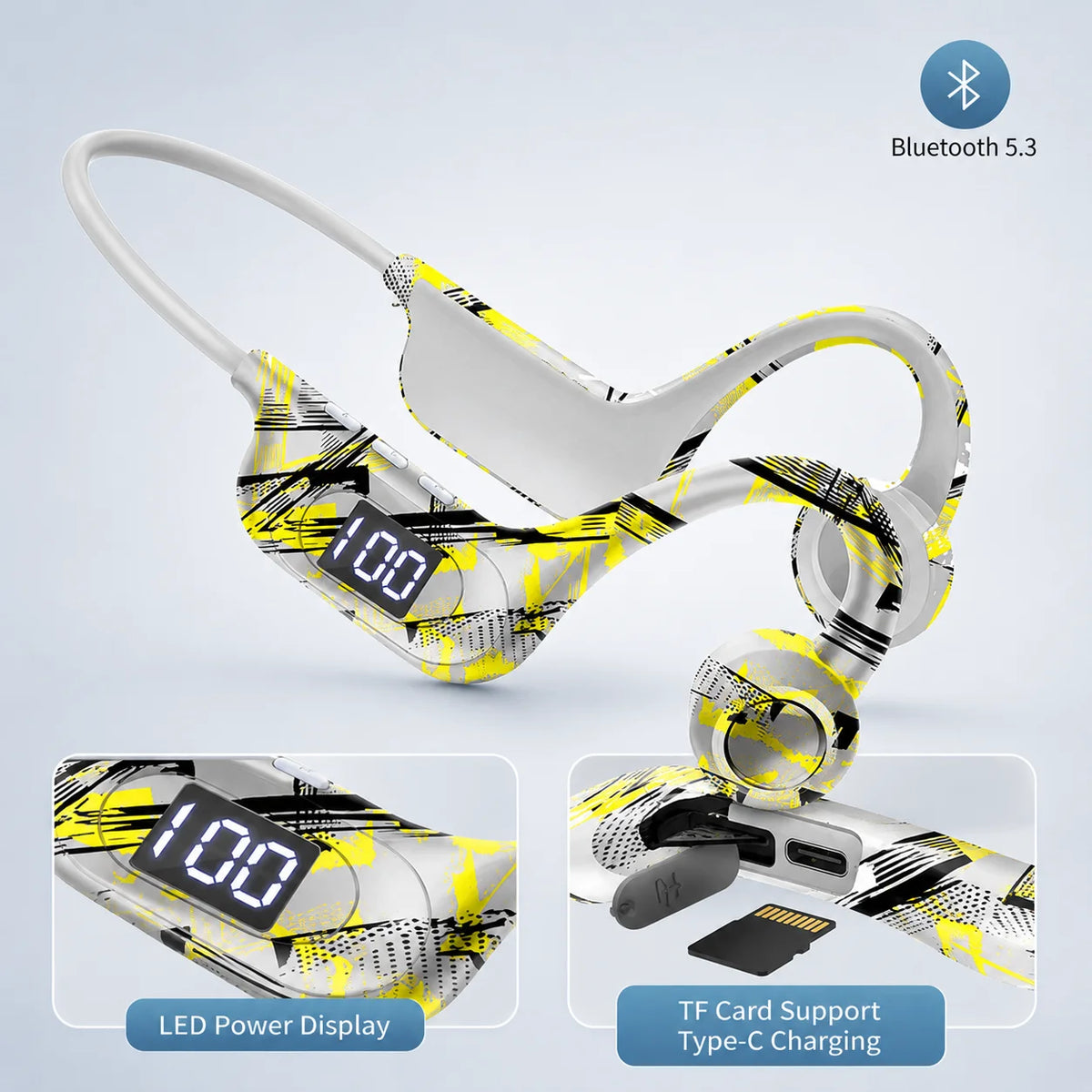 Bone Conduction Headphones Bluetooth Earphones Open Ear Sports Wireless Headset with LED Display TF Card Support Battery Life