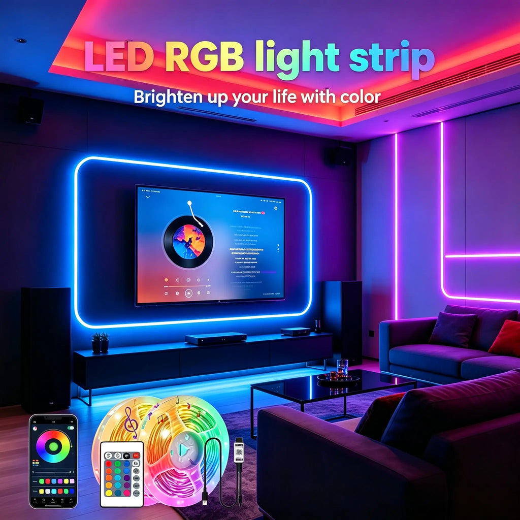 RGB LED strip with 24-key remote control, 5V USB powered. Easy to install, suitable for interior decoration and holiday parties.