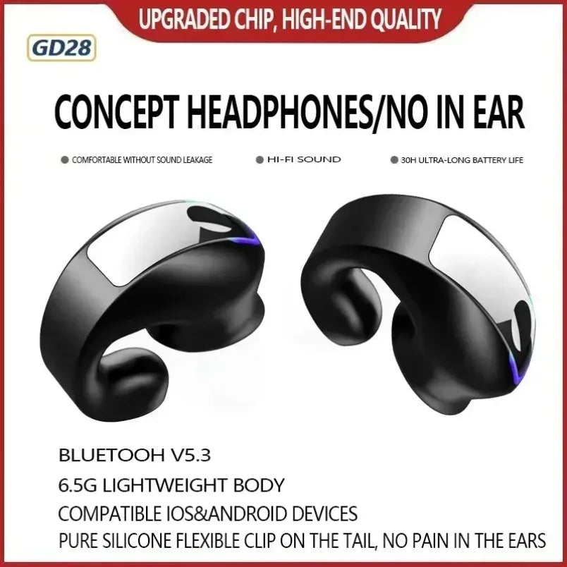 Bluetooth Headset 5.3 Bone Conduction Wireless Ear Clip Headphones IPX5 Waterproof Sport Gaming Earbuds Noise Cancelling