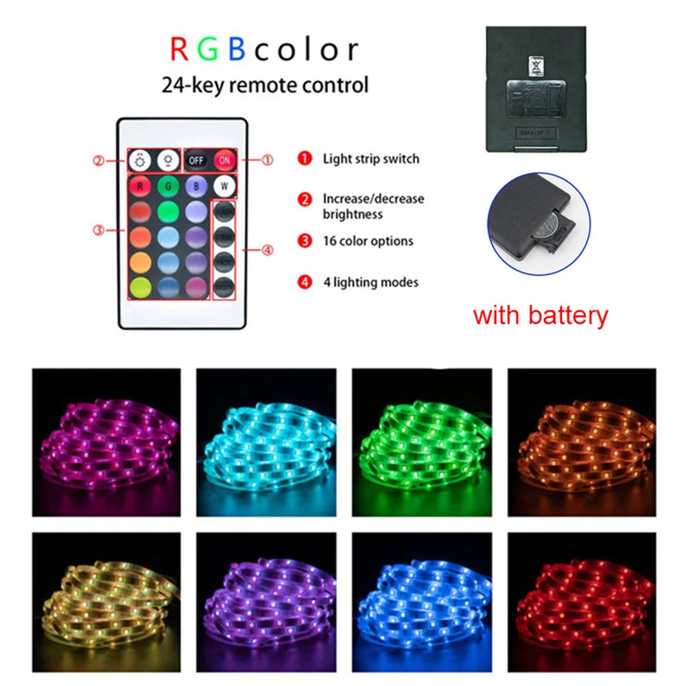 RGB LED strip with 24-key remote control, 5V USB powered. Easy to install, suitable for interior decoration and holiday parties.