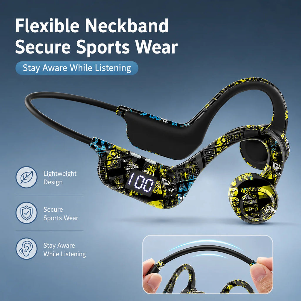 Bone Conduction Headphones Bluetooth Earphones Open Ear Sports Wireless Headset with LED Display TF Card Support Battery Life