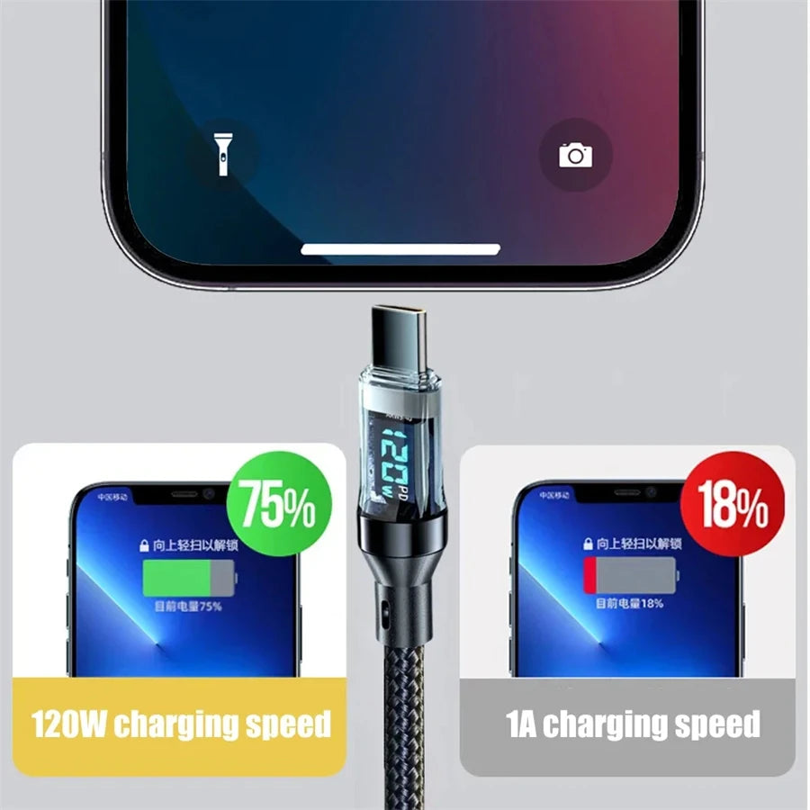 120W Super Fast Charging USB-C Cable with Real-Time Display