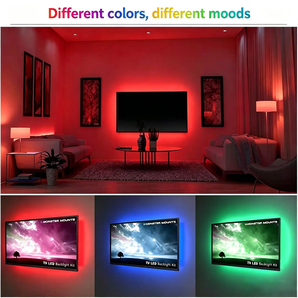 RGB LED strip with 24-key remote control, 5V USB powered. Easy to install, suitable for interior decoration and holiday parties.