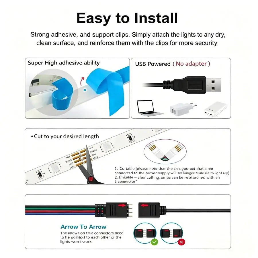 RGB LED strip with 24-key remote control, 5V USB powered. Easy to install, suitable for interior decoration and holiday parties.